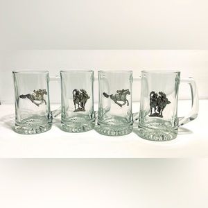 Glass Beer Mugs/Steins With Pewter Horse Racing Plaque - 16 oz - Set Of 4